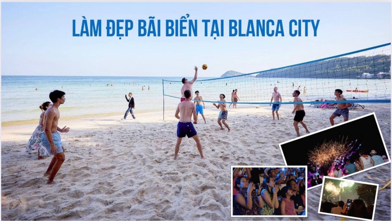 Nhóm người chơi bóng chuyền trên bãi cát trắng, kèm ba ảnh nhỏ lễ hội pháo hoa ban đêm