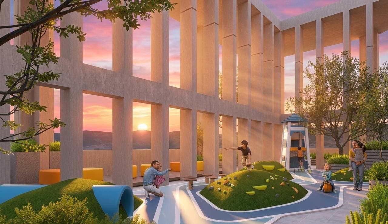 Sân chơi trẻ em trên tầng cao với đồi cỏ, cầu trượt và hoàng hôn phía xa