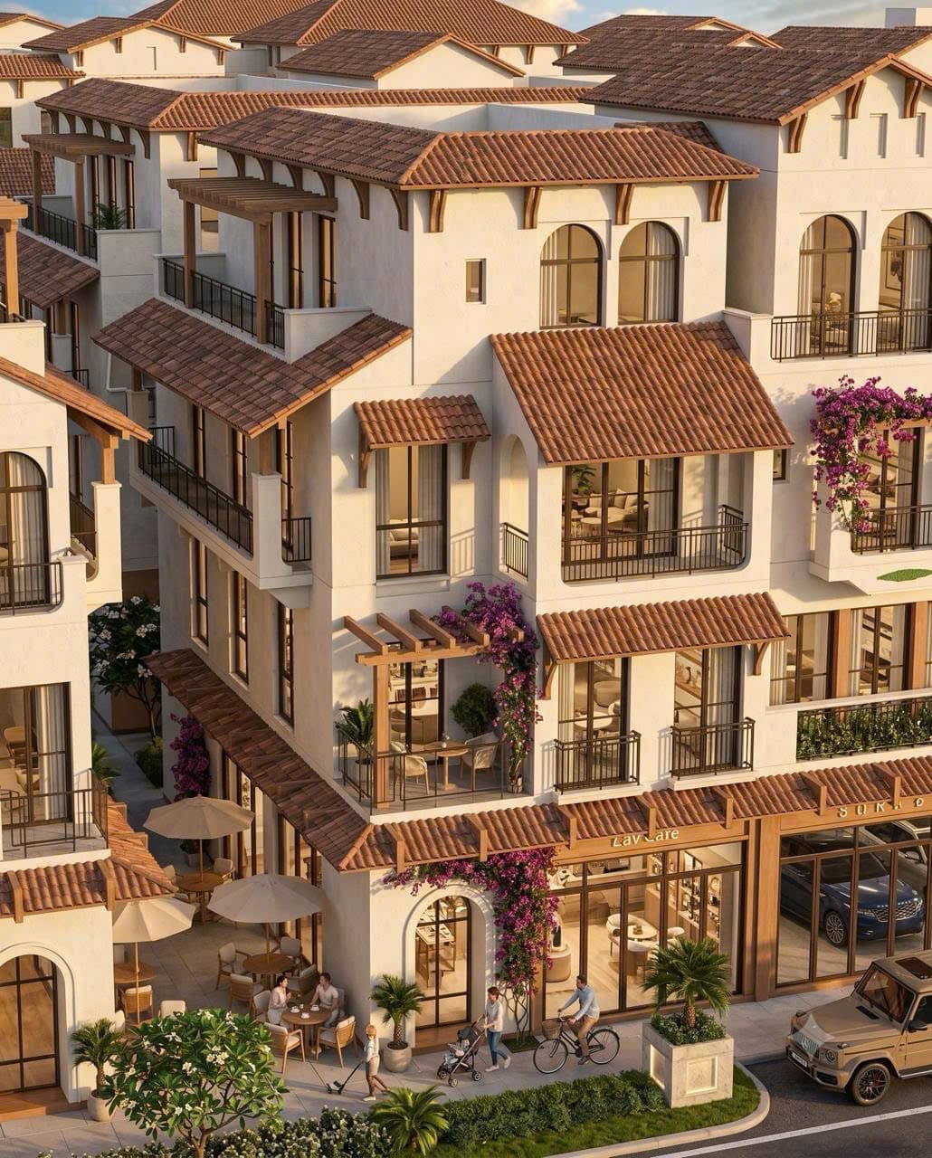 Phối cảnh dãy shophouse lúc hoàng hôn với quán cà phê vỉa hè, người đi bộ và xe đạp