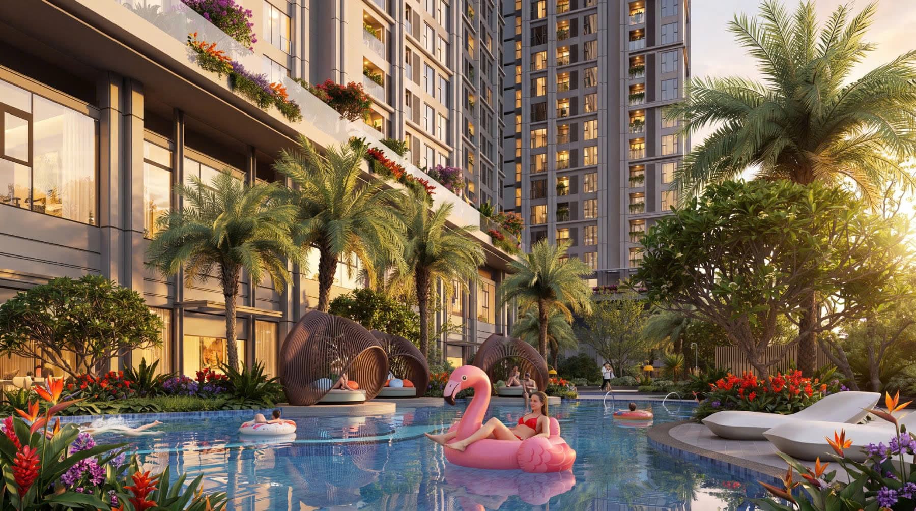 Cư dân thư giãn tại hồ bơi nội khu Blanca City lúc hoàng hôn