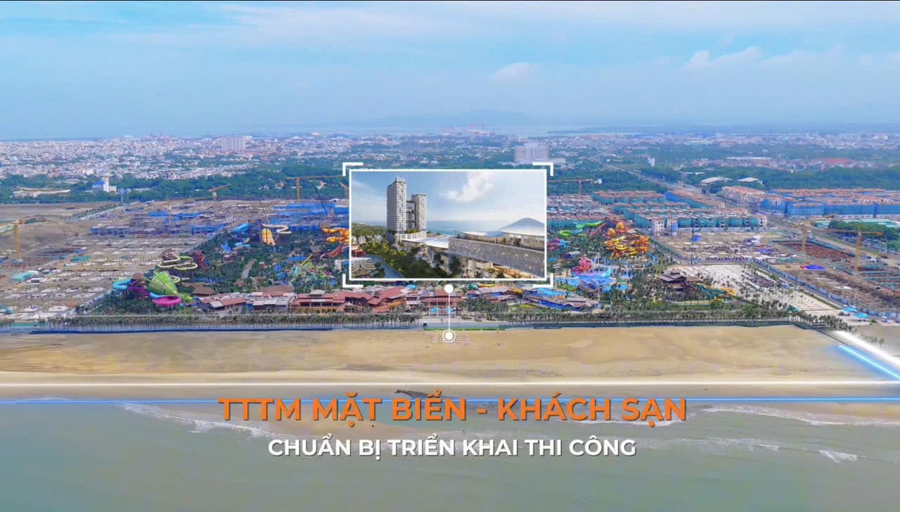 Toàn cảnh đại đô thị nhìn từ biển với bãi cát dài và công viên nước