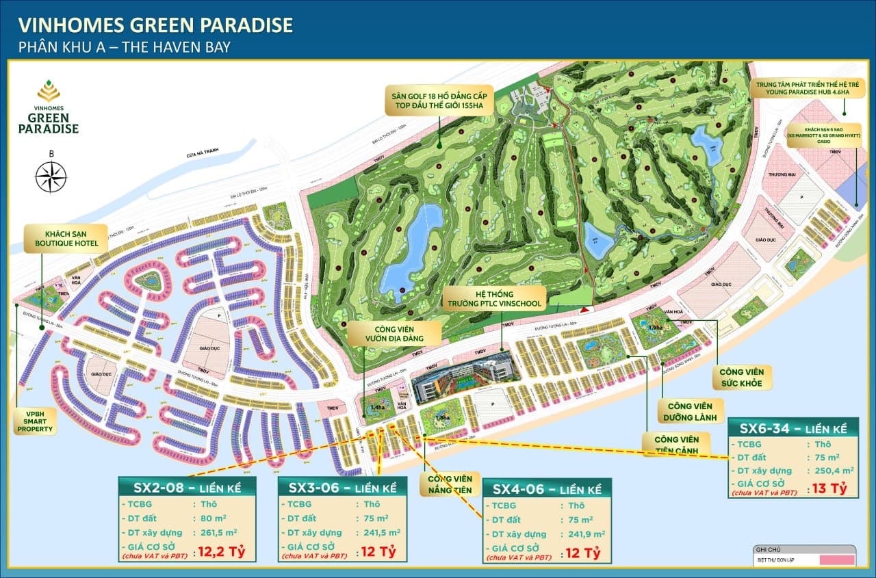 Bảng mặt bằng phân khu A The Haven Bay của Vinhomes Green Paradise, chú thích giá cơ sở các lô liền kề SX2-08, SX3-06, SX4-06 và SX6-34 kèm diện tích đất và diện tích xây dựng