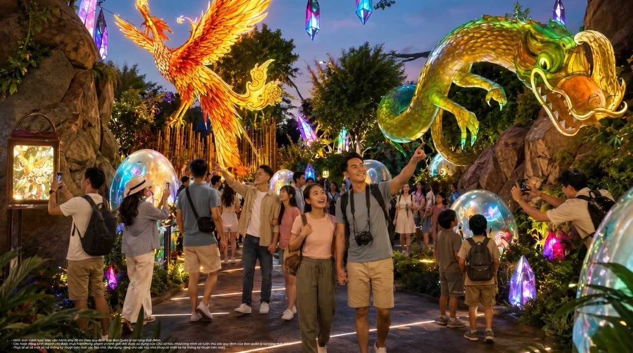Phối cảnh khách tham quan chụp ảnh cùng mô hình rồng và phượng hoàng phát sáng trong không gian lễ hội về đêm