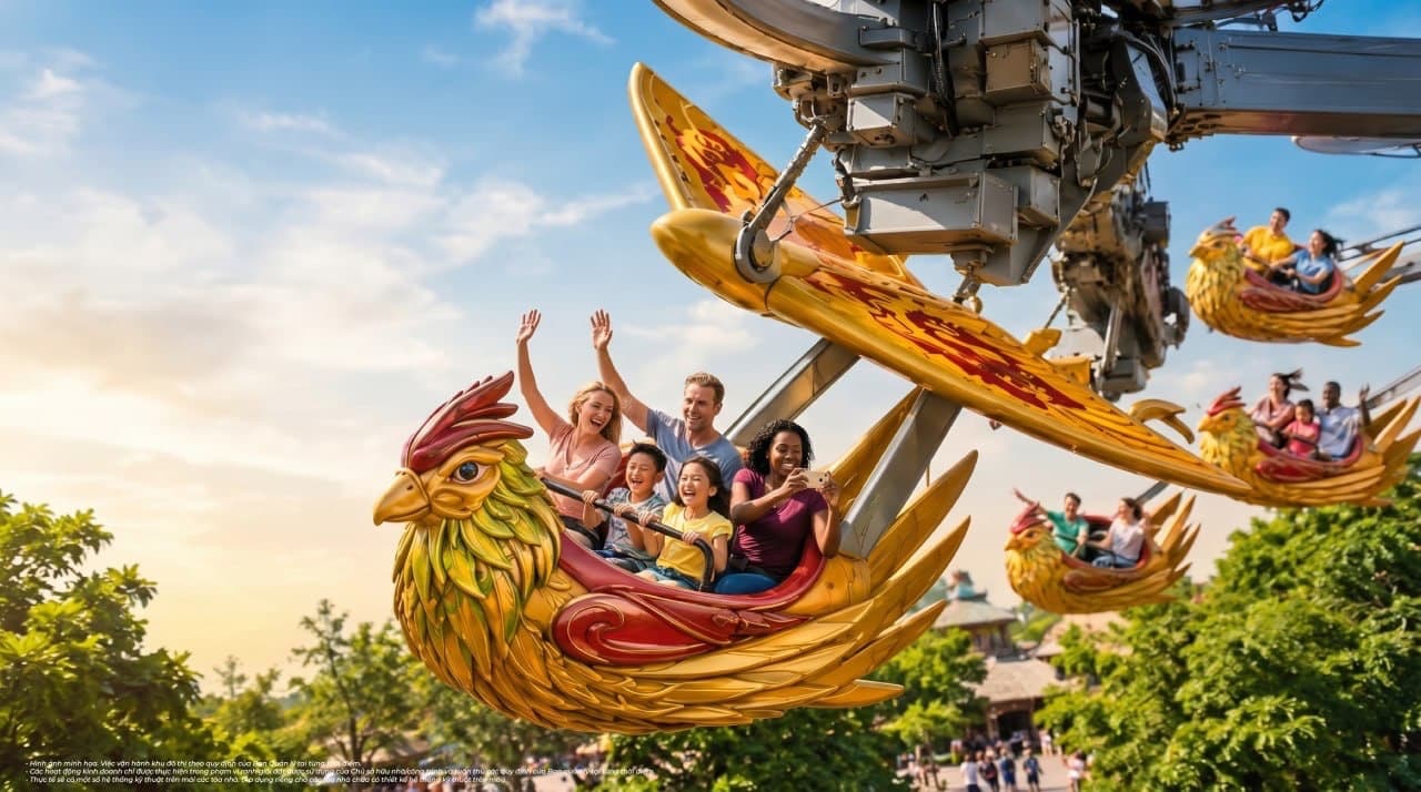 Phối cảnh trò chơi cảm giác mạnh hình chim đang xoay trên cao, du khách giơ tay hò reo lúc hoàng hôn
